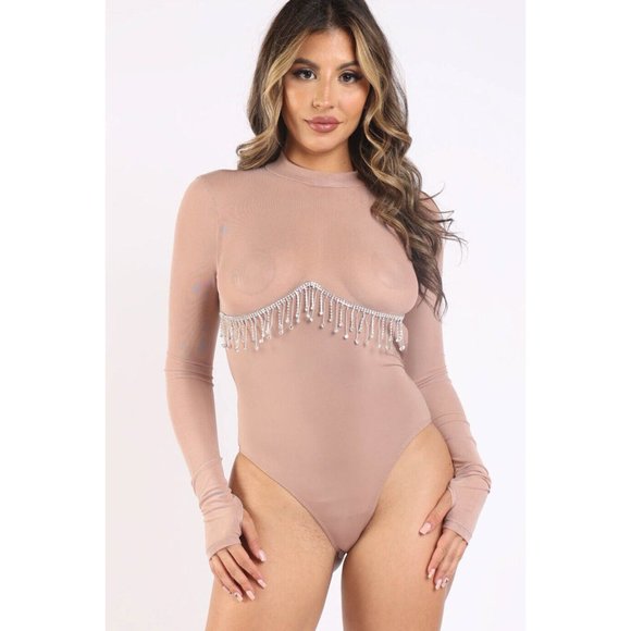 Women's Rhinestone Underboob Trimmed Bodysuit Long Sleeve Swimwear Mock Neck - Picture 11 of 11